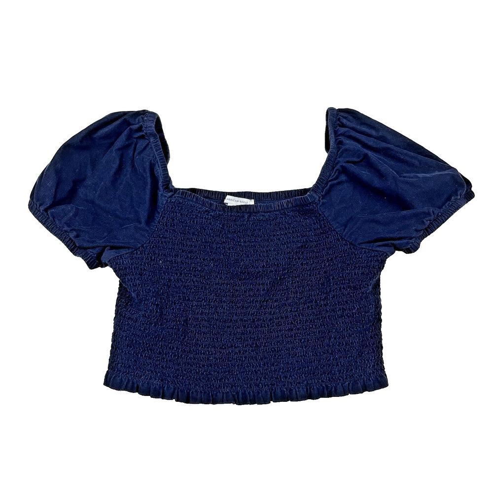 American Eagle Navy ‎ Corduroy Puff Sleeve Smocked Top SZ Med Cottagecore Preppy - Picture 1 of 10
